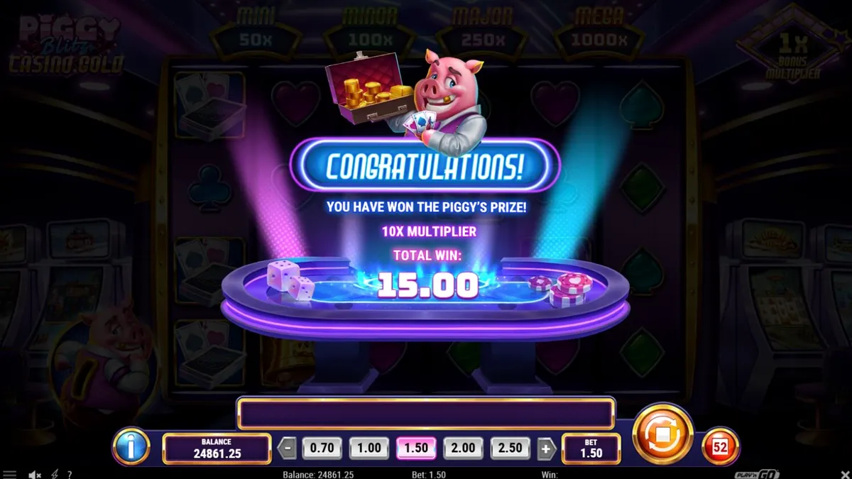 Piggy Blitz Casino Gold slot machine interface na may mga neon lights at piggy characters.