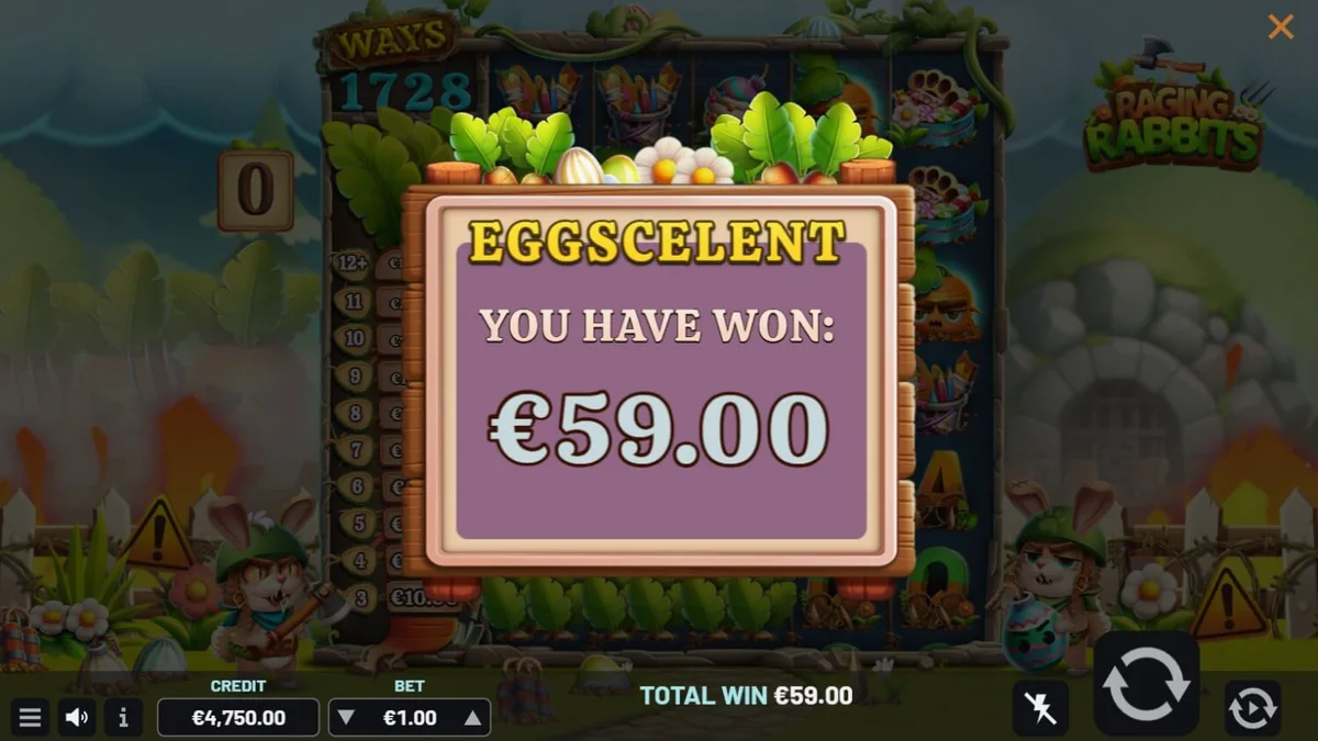Raging Rabbits slot game interface na may mga kuneho at battlefield theme